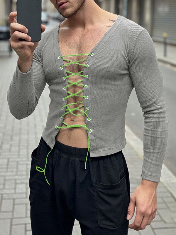 Men's Textured Drawstring Long Sleeve T-shirt SKUL42777