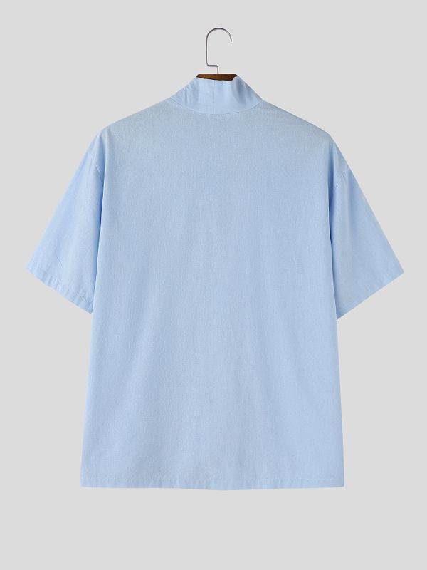Men's Avant-Garde Minimalist Architectural Wrap-Front High-Collar Shorts Sleeve Shirt SKUL63670