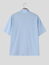 Men's Avant-Garde Minimalist Architectural Wrap-Front High-Collar Shorts Sleeve Shirt SKUL63670