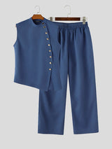 Men's Avant-Garde Casual Asymmetrical Diagonal Button Two Pieces Outfit SKUL74879