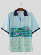 Men's Lotus Print Color Block Short Sleeve Shirt SKUL16812