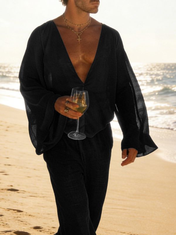 Men's Sheer Deep V Neck Long Sleeve Shirt SKUL51808