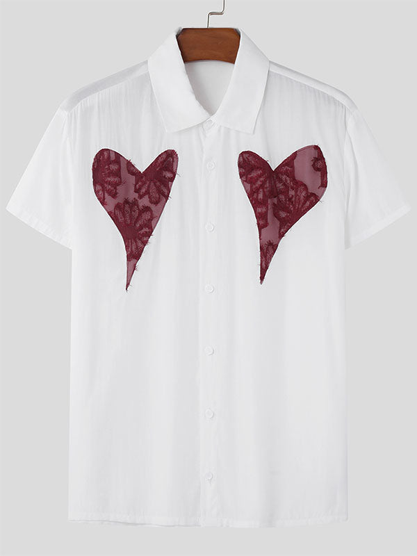 Mens Fringe Heart Patchwork Short Sleeve Shirt SKUK45323