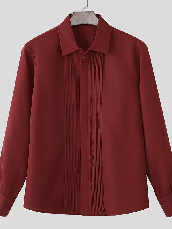 Men's Solid Color Pleated Long Sleeve Shirt SKUL42703
