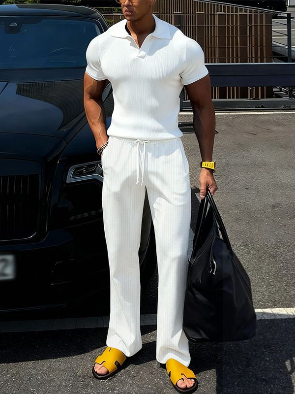 Men's Solid Color Textured Two Pieces Outfit SKUL38998