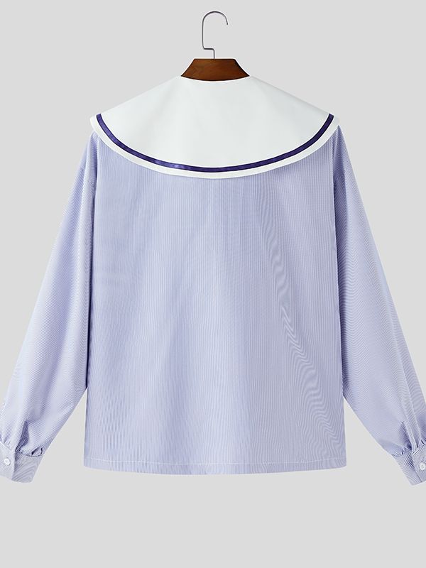 Men's Striped Sailor Collar Long Sleeve Shirt SKUL46537