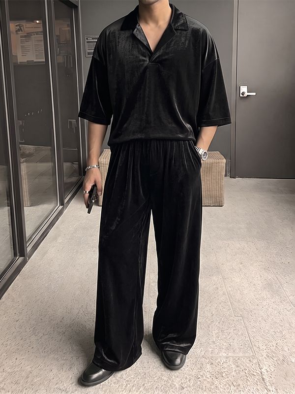 Men's High-Street Casual Oversized Velour Deep-V Two Pieces Outfit SKUL79071