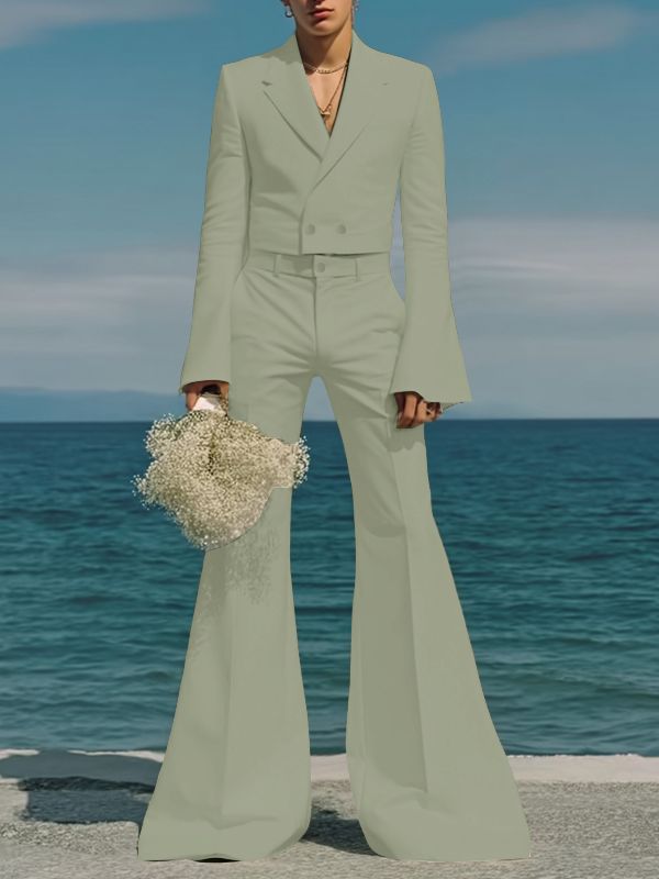 Men's Solid Color Flared Sleeve Casual Two Pieces Outfit SKUL36587