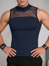 Men's Avant-Garde Mock Neck Mesh Patchwork Deconstructed Fitted Tank SKUL73728