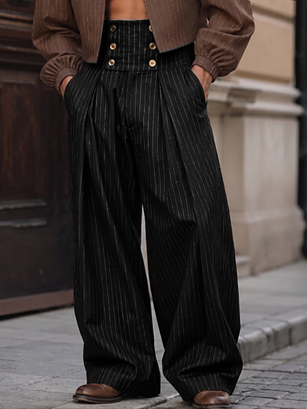 [Pre-order] Men's Victorian Vintage Evening Gala Pinstripe Button Cummerbund Pleated Wide-Leg Pant SKUL88523