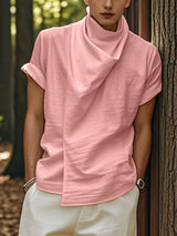 Mens Solid Color Casual High Neck Short Sleeve T-Shirt SKUL18988