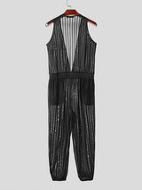 Mens Striped See Through V-Neck Jumpsuit SKUK51122