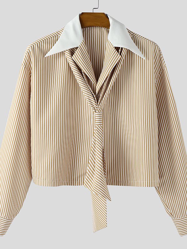 Men's Striped Contrast Color Lapel Long Sleeve Shirt SKUL45172