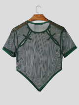 Men's Avant-Garde New Chinese Style Sheer Mesh Frog Button Pointed Hem T-shirt SKUL59967