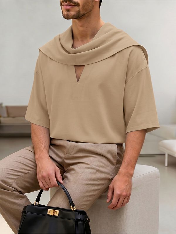 Men's Elegant Resort Draped Scarf Slit V Neck Dropped Shoulder Short Sleeve T-shirt SKUL60198