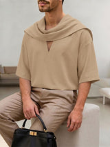 Men's Elegant Resort Draped Scarf Slit V Neck Dropped Shoulder Short Sleeve T-shirt SKUL60198