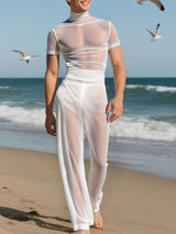 Mens Solid Color Sheer Mesh Two Pieces Outfit SKUL11902