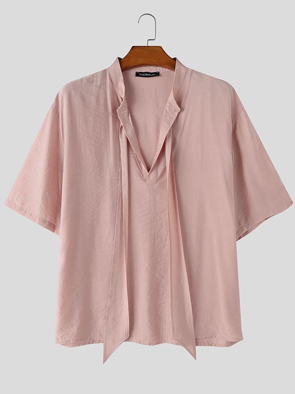Men's French Romanticism Integrated Hanging Ribbon Drapes Deep V-Neck Shirt SKUL74831