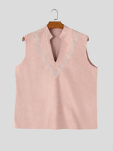 Men's Retro Resort Floral Print Faux Suede Split V-Neck Sleeveless Stand Collar Shirt SKUL78247