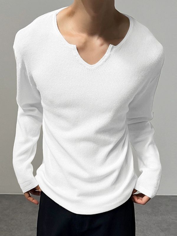 Men's Solid Color Minimalist U-Neck Long Sleeve T-Shirt SKUL43882