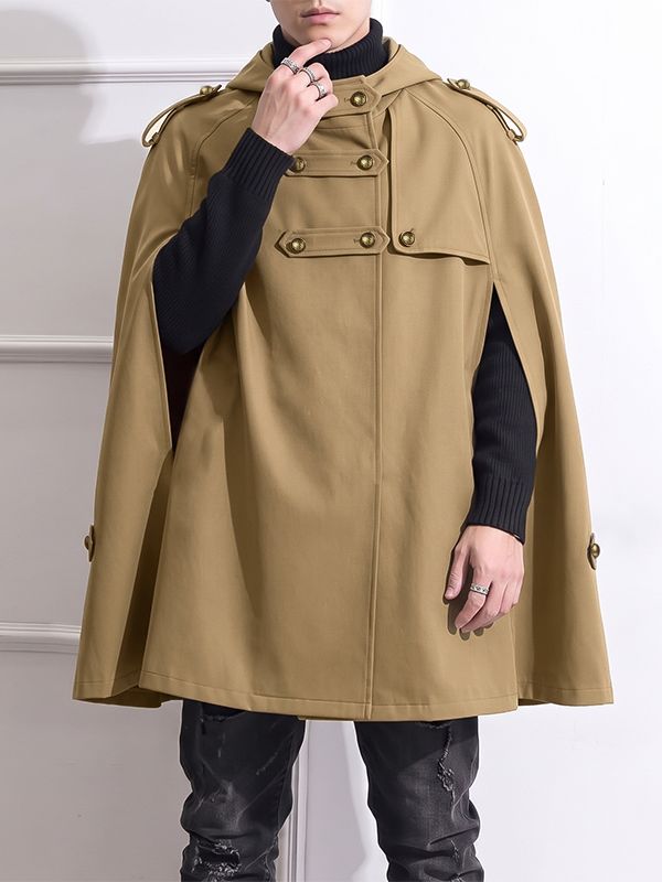 Men's Vintage Military Metallic Button Flap Epaulet Hooded Cape SKUL84579