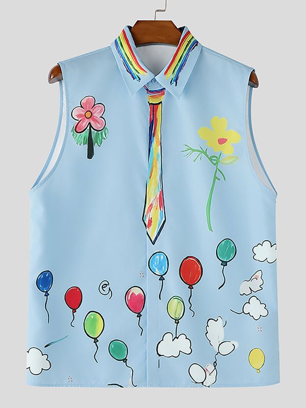 Men's Playful Avant-Garde Hand-Drawn Rainbow Tie Graphic Sleeveless Button-Up Shirt SKUL69069