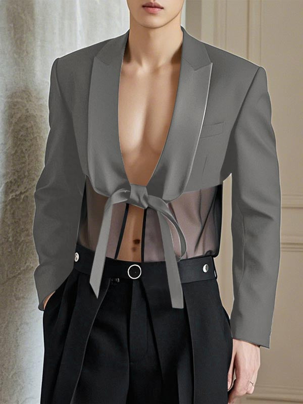 Mens Sheer Mesh Panel Tie-Detail Long-Sleeve Blazer SKUK95694