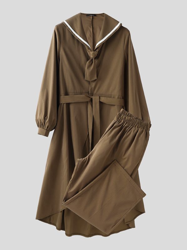 Men's Solid Color Long Hem Sailor Collar Two Pieces Outfit SKUL32863