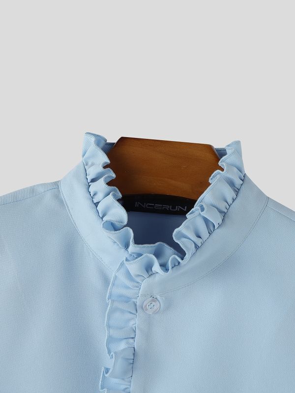 Men's Solid Color Ruffle Patchwork Short Sleeve Shirt SKUL57656