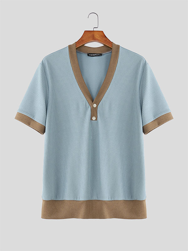 Mens Color Block Knit Short Sleeve T-Shirt SKUL22372