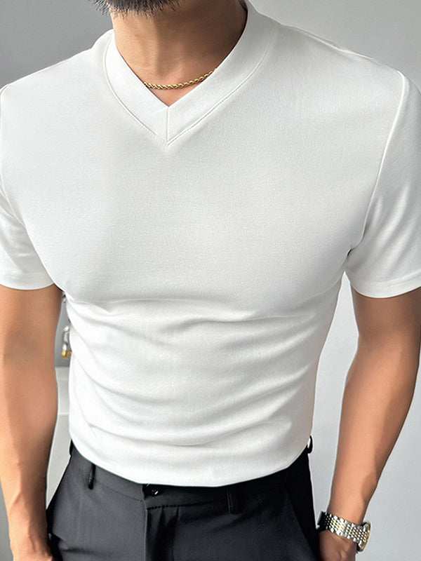 Mens Solid V-Neck Casual Short Sleeve T-Shirt SKUK60302