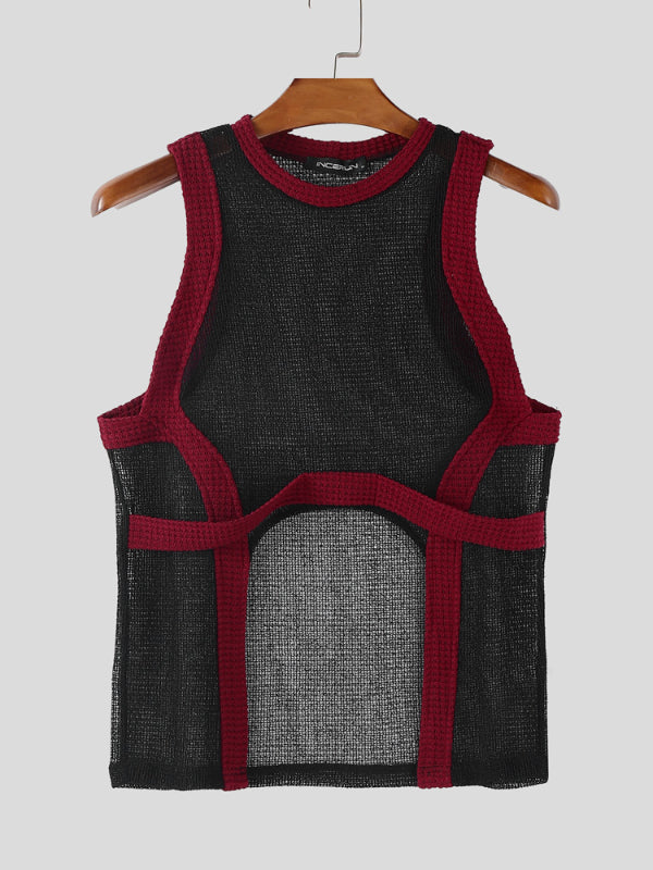Mens Sheer Mesh Hollow Colorblock Tank SKUL12796