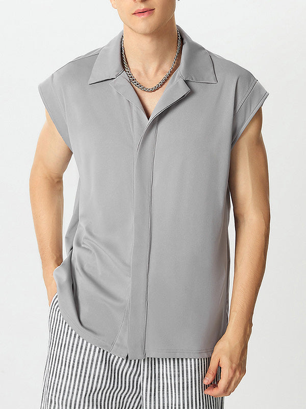 Mens Solid Lapel Casual Sleeveless Shirt SKUK49447