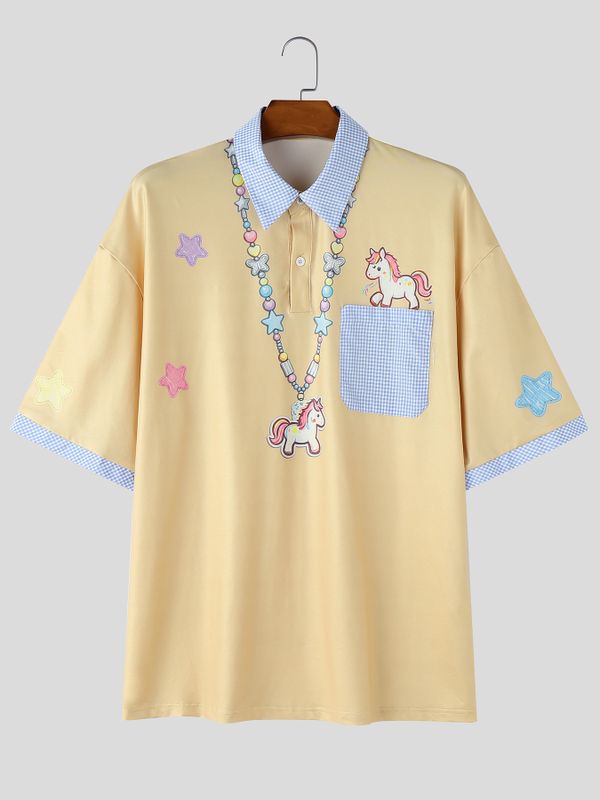 Men's Preppy Playful Unicorn Print Contrast Checked Polo Shirt SKUL70204
