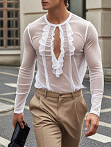 Mens Ruffle Patchwork Sheer Long-Sleeve T-Shirt SKUK96655