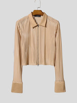 Men's Avant-Garde Sheer Striped Zip-Up Cropped Long Sleeve Shirt SKUL78346