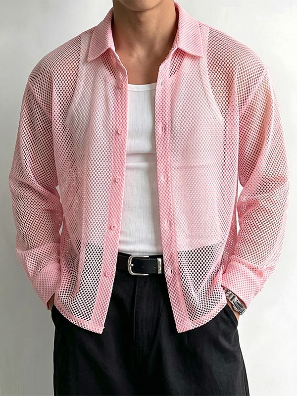Men's High Street Resort Hollow Out Fishnet Sheer Turn Down Collar Long Sleeve Loose Shirt SKUL71405