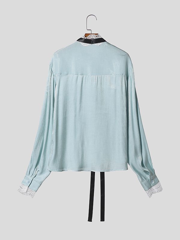 Men's Lace Trim Patchwork Ribbon Design Long Sleeve Shirt SKUL50006