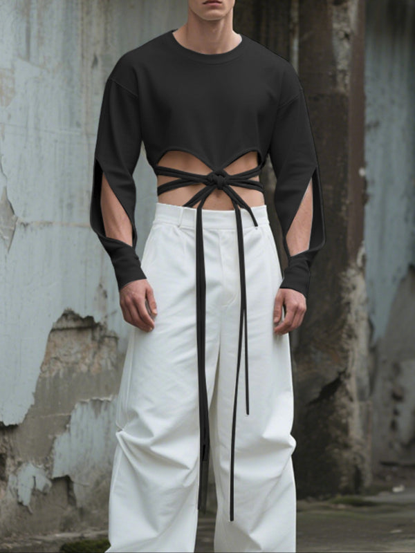 Men's Cross Tie Hollow Out Long Sleeve T-Shirt SKUL29568