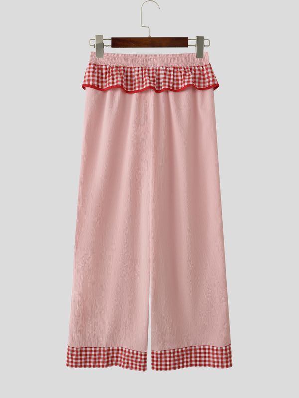 Men's Avant-Garde Gingham Patchwork V-Waist Wide-Leg Pant SKUL62083
