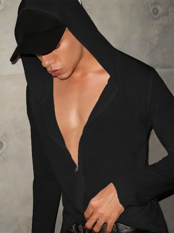 Men's Solid Color Semi-Sheer Hooded Long Sleeve T-shirt SKUL42396