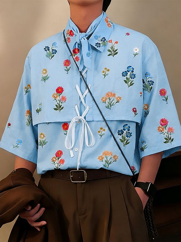 Men's Floral Print Drawstring Half Sleeve Shirt SKUL53142