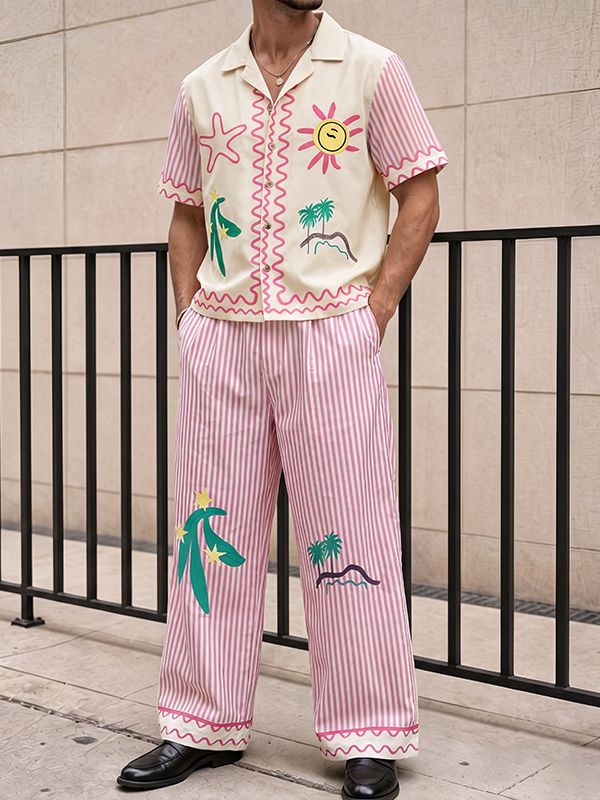 Men's Resort meets Playful Beach Illustration Striped Two Pieces Outfit SKUL71370