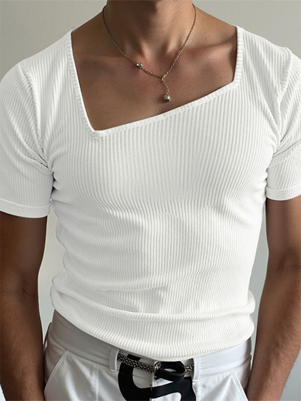 Mens Striped Textured Square-Neck Short-Sleeve T-Shirt SKUL22314