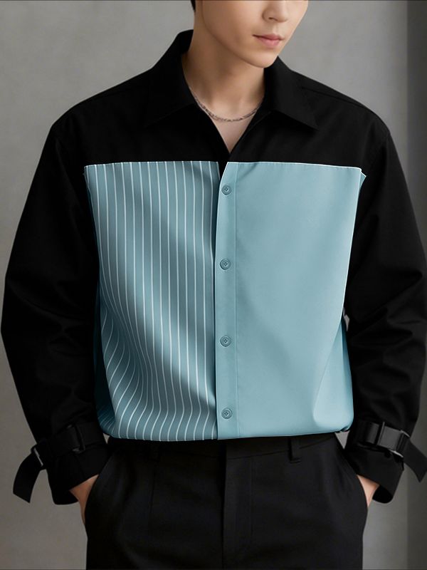 Men's Stripe Contrast Color Long Sleeve Shirt SKUL43708