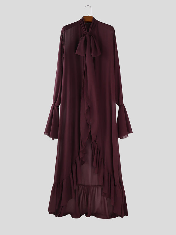 Men's Ruffled Patchwork Sheer Mesh Long Sleeve Shirt SKUL27365