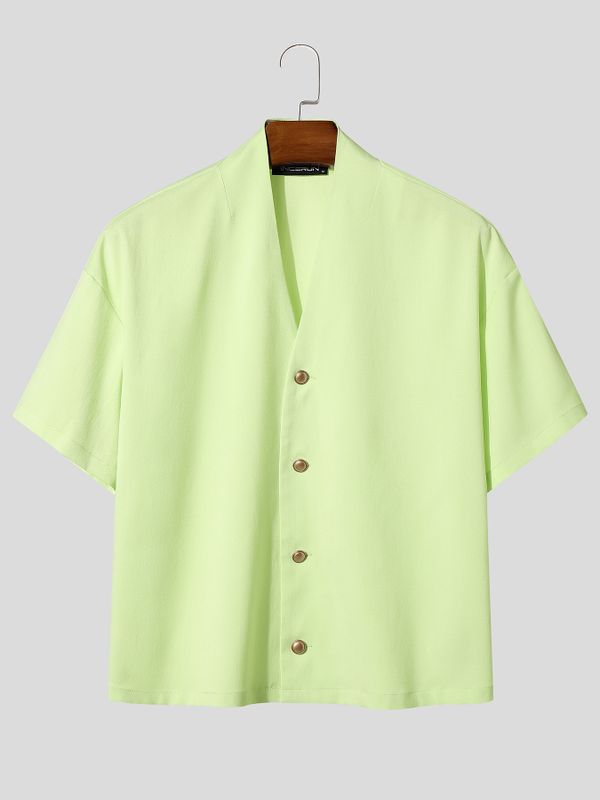Men's Japanese Vintage Placid V-Neck Textured Cotton-Linen Boxy Cropped Short Sleeve Shirt SKUL69067