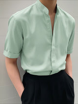 Men's Solid Color Stand Collar Short Sleeve Shirt SKUL49916