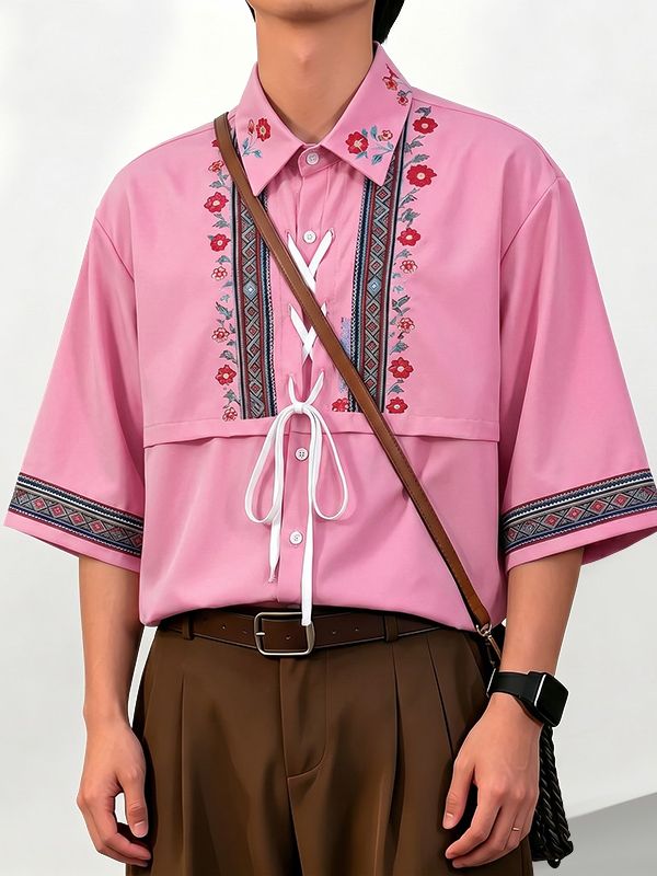 Men's Vintage Ethnic Floral Print Lace-Up Flap Overlay Boxy Short Sleeve Shirt SKUL58685