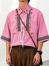 Men's Vintage Ethnic Floral Print Lace-Up Flap Overlay Boxy Short Sleeve Shirt SKUL58685